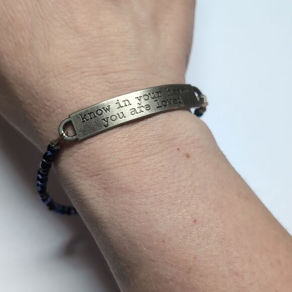 450 Iridescent Blue Beaded Silver Plate Engraved "you are loved" Tennis Bracelet - Picture 1 of 4
